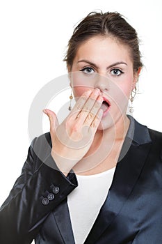 Sleepy business woman yawning and stretching, isolated