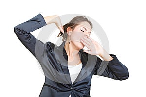 Sleepy business woman yawning and stretching, isolated