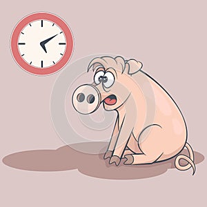 Sleepy cartoon pig in early morning. Tired swine