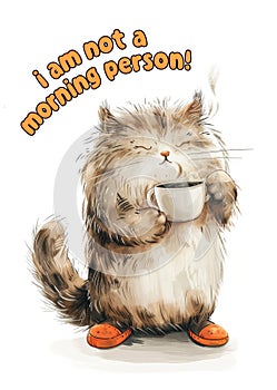 Sleepy Cat Holding Coffee Mug Illustration: Adorable Feline Barely Awake with Cup of Coffee