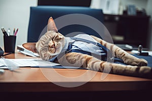 Sleepy cat office. Generate Ai
