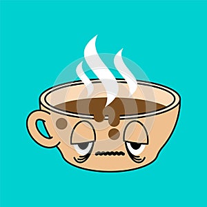 Sleepy cup of coffee. Sad coffee mug
