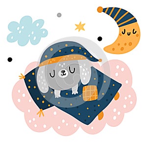 Sleepy cute animal. Happy baby creature dreaming in bed. Cartoon puppy sleeping under blanket on cloud. Dog and crescent