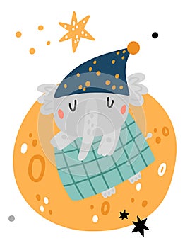 Sleepy cute animal. Happy elephant dreaming in bed. Cartoon creature sleeping under blanket on moon. Mammal in pajamas