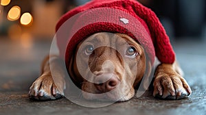 Sleepy dog in a red Christmas hat