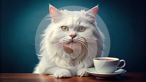 Sleepy Fluffy White Cat and a Coffee Cup A Grumpy Morning Routine photo