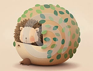 A sleepy hedgehog curled up in a ball snuggling close to its favorite tree. Cute creature. AI generation