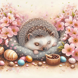 A sleepy hedgehog emerges from its burrow to find a treasure trove of Easter treats