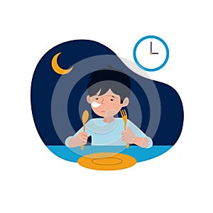 A sleepy kid must ready for sahur or pre-dawn meal before start fasting vector illustration with night scene background. children photo