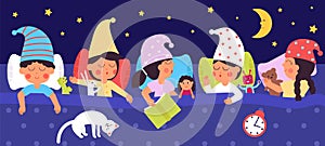 Sleepy kids. Night dreams, children sleep in bed with toys. Big family, cute sisters and brothers bedtime. Cartoon