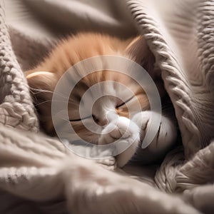 A sleepy kitten nestled in a pile of soft blankets, with a paw lazily covering its eyes5