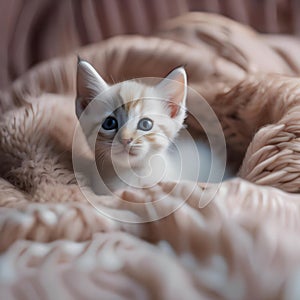 A sleepy kitten snuggled up in a cozy bed, with a toy mouse beside it3