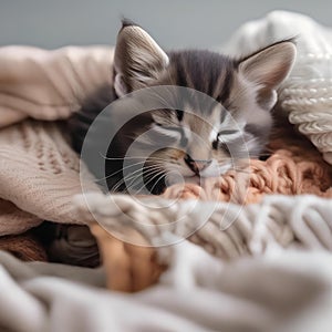 A sleepy kitten snuggled up in a pile of soft blankets, with a teddy bear beside it1