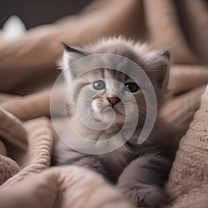 A sleepy kitten snuggled up in a pile of soft blankets, with a teddy bear beside it2