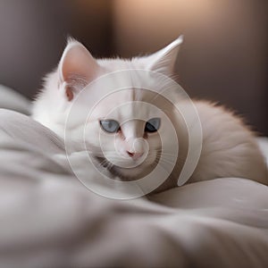 A sleepy kitten snuggled up in a pile of soft pillows, with a peaceful expression1