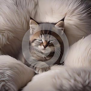 A sleepy kitten snuggled up in a pile of soft pillows, with a peaceful expression3