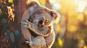 Sleepy koala clinging to tree trunk