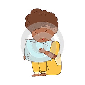 Sleepy Little African American Boy in Pajamas Sitting and Hugging Pillow Vector Illustration