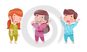 Sleepy Little Boy and Girl Wearing Pajamas Standing and Yawning Vector Illustration Set