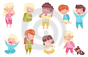 Sleepy Little Boy and Girl Wearing Pajamas Stretching and Yawning Vector Set