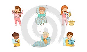Sleepy Little Boy and Girl Wearing Pajamas Yawning and Reading Book Getting Ready to Bed Vector Set