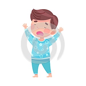 Sleepy Little Boy Wearing Pajamas Stretching and Yawning Vector Illustration