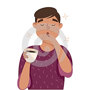 Sleepy Man with Cup of Coffee Yawning Covering His Mouth with His Hand Feeling Need for Sleep Vector Illustration