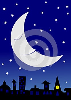 Sleepy moon over townscape photo