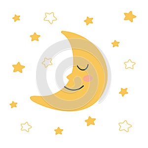 Sleepy moon and stars. Doodle style. Template for baby room decoration, print, banner and fabric.