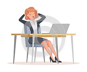 Sleepy Office Woman in Suit at Desk with Laptop Yawning Engaged in Workflow Vector Illustration