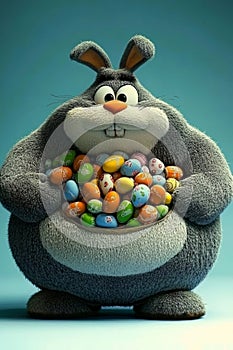A sleepy, overindulged rabbit enjoying Easter eggs in a cartoon, crafted with Stock technology