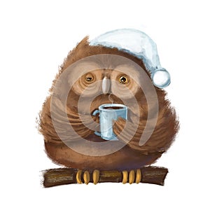 sleepy owl with cup of hot drink, good morning illustration with cartoon character