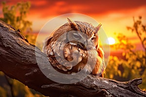 Sleepy Owl in Serene Sunset