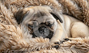 Sleepy pug puppy curled up in a soft bed