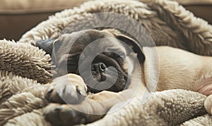 Sleepy pug puppy curled up in a soft bed