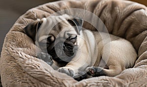 Sleepy pug puppy curled up in a soft bed