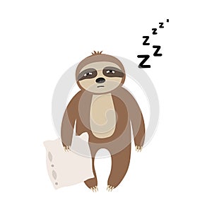 Sleepy sloth with a pillow. Vector illustration isolated.