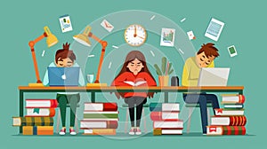 Sleepy sleepy students yawning at their desk with books and laptops. Modern flat illustration of lazy or bored