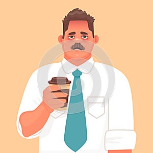 Sleepy or tired employee. A hangover or a disease. Sad businessman holding a glass of coffee