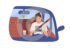 Sleepy tired woman driver in car. Drowsy asleep person driving auto. Female sleeping during ride early in morning. Flat photo