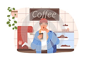 Sleepy yawning man with takeaway coffee cup on early morning. Drowsy person waking with coffe in coffeehouse. Drowsiness