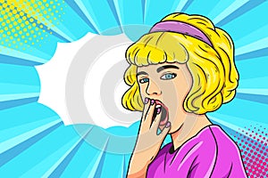 Sleepy young woman pop art. Advertising poster or announcement poster with open mouth and funny face in comic style