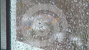 Sleet and Snow, Raining, Winter Snowing on Window, Rain Drops, Bad Depressed Rainy Day on Glass, Cloudy Bad Cold Weather