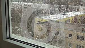 Sleet and Snow, Raining, Winter Snowing on Window, Rain Drops, Bad Depressed Rainy Day on Glass, Cloudy Bad Cold Weather