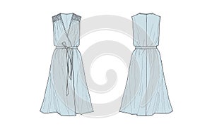 Sleeveless dress with ruching and belt, overlapped front, flat sketch, front and back views