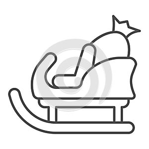 Sleigh with bag of gifts thin line icon, Christmas concept, Santa sleigh sign on white background, Sledge with bag of