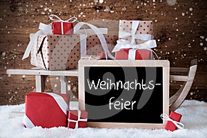 Sleigh With Gifts, Snow, Snowflakes, Weihnachtsfeier Means Christmas Party