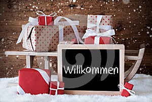 Sleigh With Gifts, Snow, Snowflakes, Willkommen Means Welcome