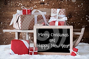 Sleigh With Gifts, Snowflakes, Text Merry Christmas Happy New Year