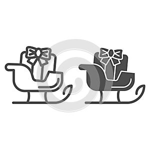 Sleigh line and solid icon. Sledge with bag of gifts and presents symbol, outline style pictogram on white background